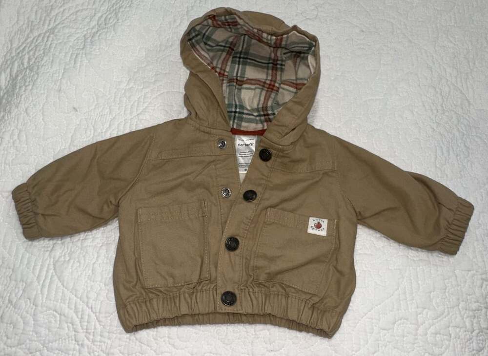 NWOT Carter's Little Sprout Canvas Hooded Plaid Lined Snap-Up Jacket Newborn